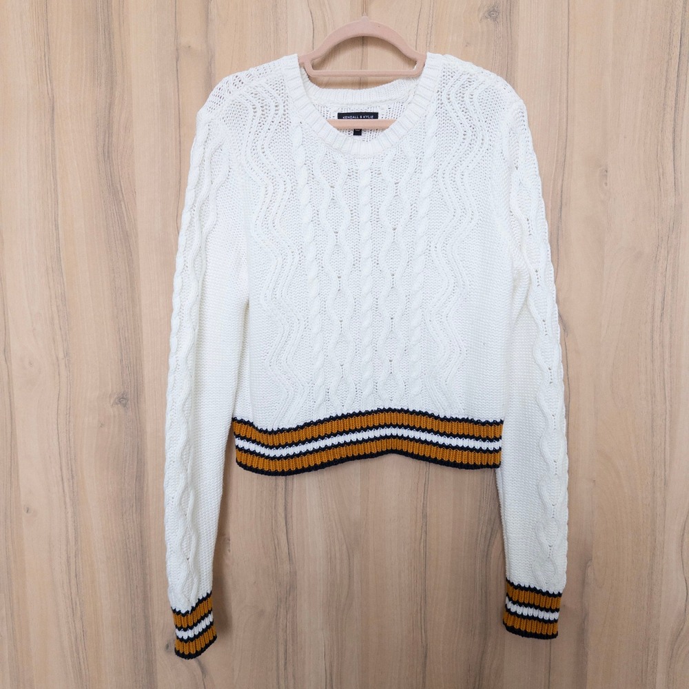 Womens Cable Knit Sweater‎ Size L White Cropped Preppy Classic Varsity Old Money